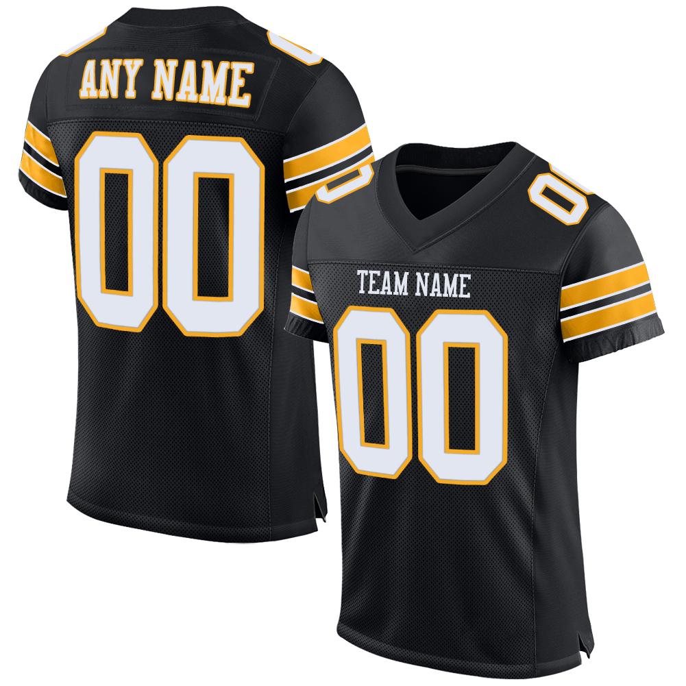 Custom Black White-Gold Classic Style Mesh Authentic Football Jersey